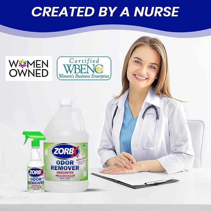 ZORBX Unscented Odor Eliminator for Strong Odor 16 Oz + 128 Oz - Used in Hospitals & Healthcare Facilities - Advanced Trusted Formula, Fast-Acting Odor Remover Spray for Dog, Cat, House & Carpet