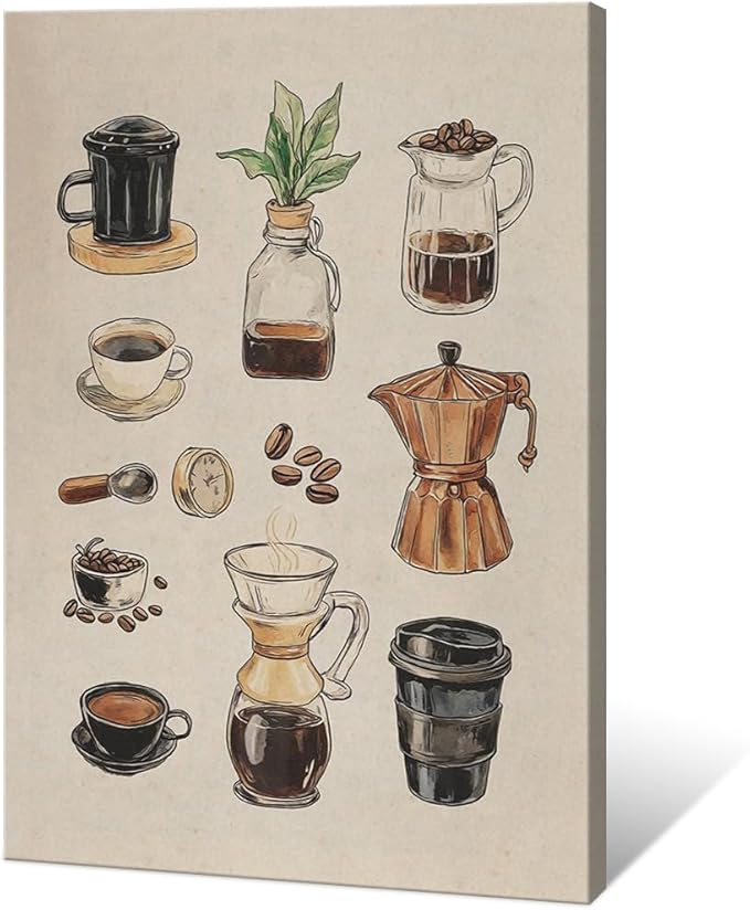 Vintage Espresso Coffee Chart Canvas Print Poster Kitchen Supplies Wall Art Minimalist Watercolor Painting Home Decor Aesthetic Pictures for Dining Room Cafe Shop Restaurant 20x30inch Framed