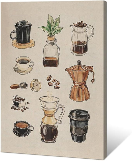 Vintage Espresso Coffee Chart Canvas Print Poster Kitchen Supplies Wall Art Minimalist Watercolor Painting Home Decor Aesthetic Pictures for Dining Room Cafe Shop Restaurant 20x30inch Framed