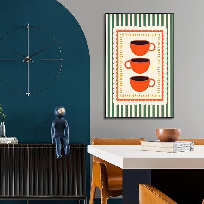 Vintage Orange Italian Espresso Coffee Cups Canvas Prints Posters Modern Green Striped Preppy Kitchen Wall Art Colorful Minimalist Aesthetic Pictures Decor for Cafe Bar 20x30inch Metal Black Frame