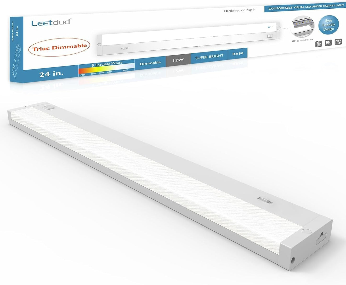 LED Under Cabinet Lighting Hardwired or Plug in, 24 Inch 12W, Dimmable 5 Color 2700K/3000K/3500K/4000K/5000K, Linkable Eyes Care Design Counter Lights for Kitchen, Sink, ETL Listed, White