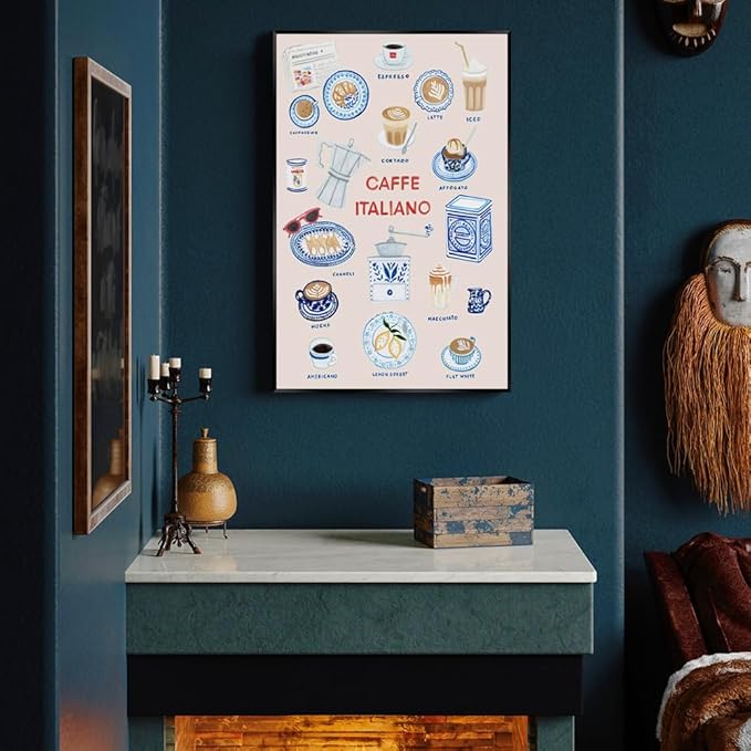 Trendy Espresso Coffee Italiano Wall Art Quirky Food Posters Italian Coffee Chart Canvas Print Painting Minimalism Home Decor Pictures for Kitchen Cafe Station Bar Club 20x30inch Metal Black Frame