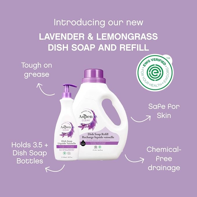 AspenClean Natural Dish Soap and Refill Lavender and Lemongrass - 100% Natural, Organic, Baby-Safe, Pet-Friendly, Vegan, Cruelty-Free, Biodegradable - EWG VERIFIED & EcoCert Certified