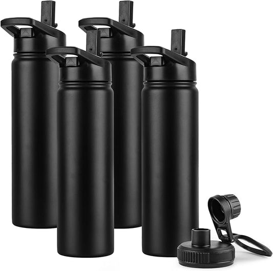 DOMICARE Insulated Water Bottle, 22 oz Vacuum Insulated Stainless Steel Reusable Sports Bottle with Straw Lid & Spout Lid for Travel, Camping, Bike, Leakproof, Black, 4 Pack