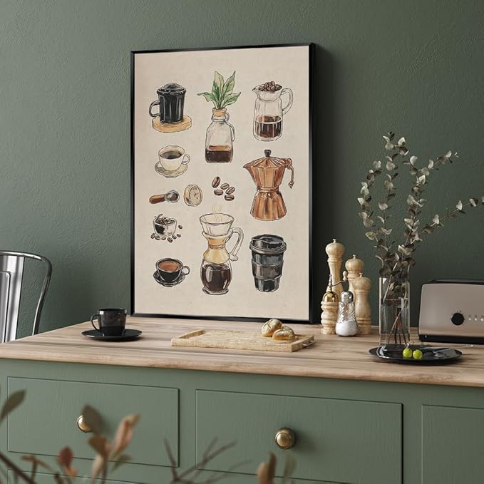 Vintage Espresso Coffee Chart Canvas Print Poster Kitchen Supplies Wall Art Minimalist Watercolor Painting Home Decor Aesthetic Pictures for Dining Room Cafe Shop 20x30inch Metal Black Frame