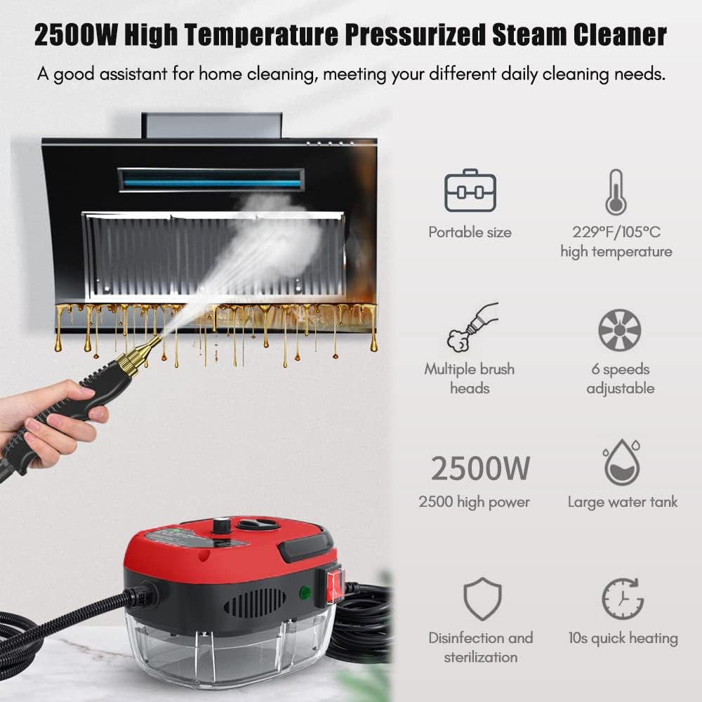 Irishom 2500W Portable Handheld Steam Cleaner High Temperature Pressurized Steam Cleaning Machine with Brush Heads and Gloves for Kitchen Furniture Bathroom Car