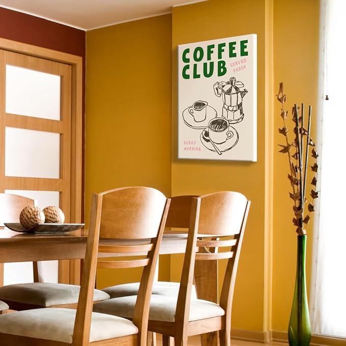 Vintage Coffee Club Wall Art Served Fresh Every Morning Sign Canvas Print Poster Sketch Moka Pot And Cups Minimalist Home Decor Aesthetic Pictures for Kitchen Bar Cafe Dining Room 20x30inch Framed
