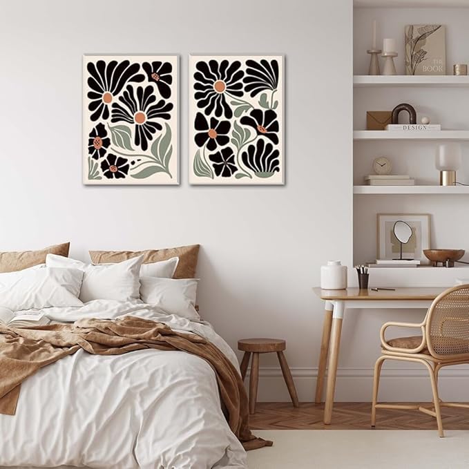 Hwetui Boho Wall Art Set of 3 Abstract Black flowers Plant Poster Vintage Green Floral Canvas Prints Neutral Home Decor Aesthetic Bohemian Artwork Painting Pictures for living room12''x16''Framed
