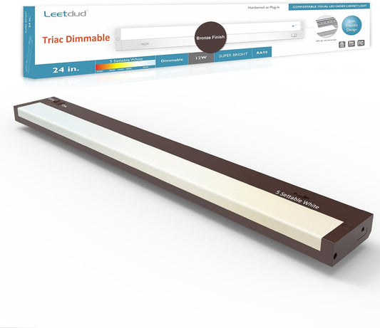 LED Under Cabinet Lighting Hardwired or Plug in, 24 Inch 12W, Dimmable 5 Color 2700K/3000K/3500K/4000K/5000K, Linkable Eyes Care Design Counter Lights for Kitchen, Sink, ETL Listed, Bronze