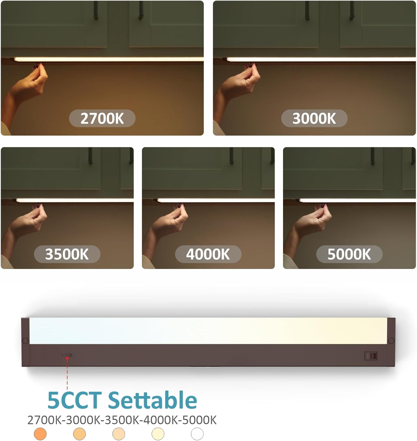 LED Under Cabinet Lighting Hardwired or Plug in, 32 Inch 16W, Dimmable 5 Color 2700K/3000K/3500K/4000K/5000K, Linkable Eyes Care Design Counter Lights for Kitchen, Sink, ETL Listed, Bronze