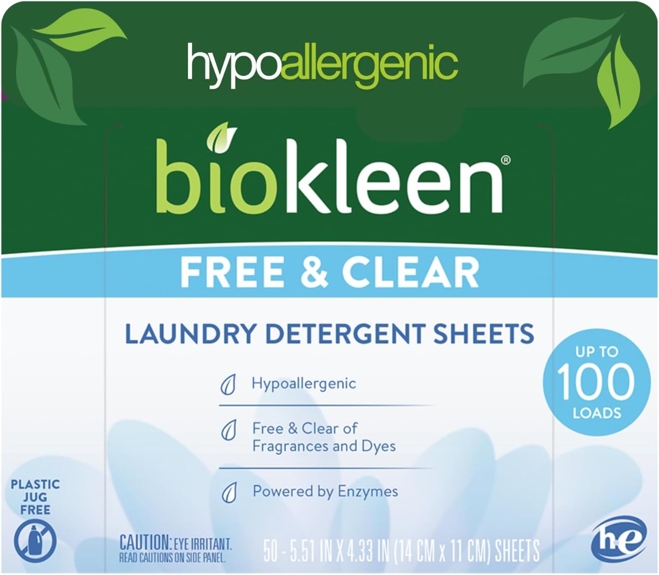 Biokleen Laundry Detergent Sheets - Dye & Fragrance Free, Hypoallergenic, Enzymatic Cleaner, Stain Remover, Bio Active Formula, No Plastic Jug, Unscented, 100 Loads