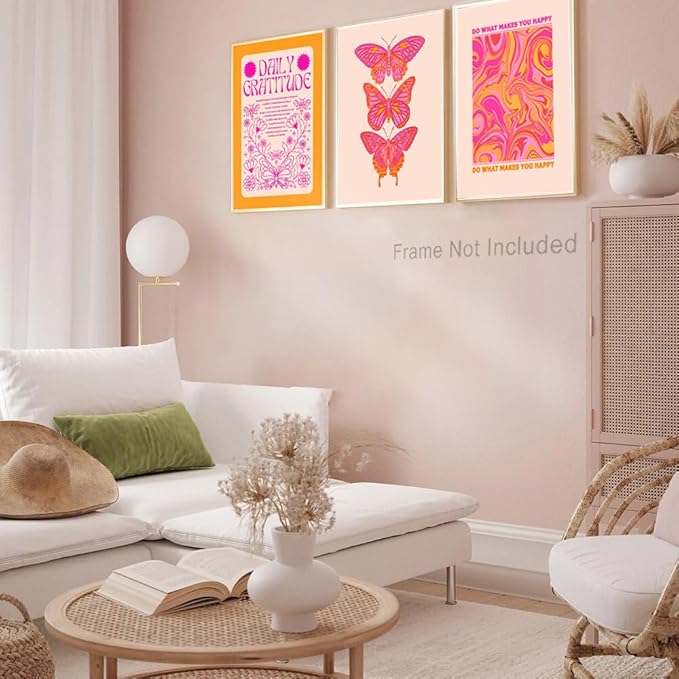 Hwetui Butterfly Wall Art Poster Set of 3 - Pink Orange Preppy Wall Decor Pictures, Daily Gratitude Paintings Prints Aesthetic Home Decor for Girls Bedroom Dorm Apartment 12x16 inch Unframed