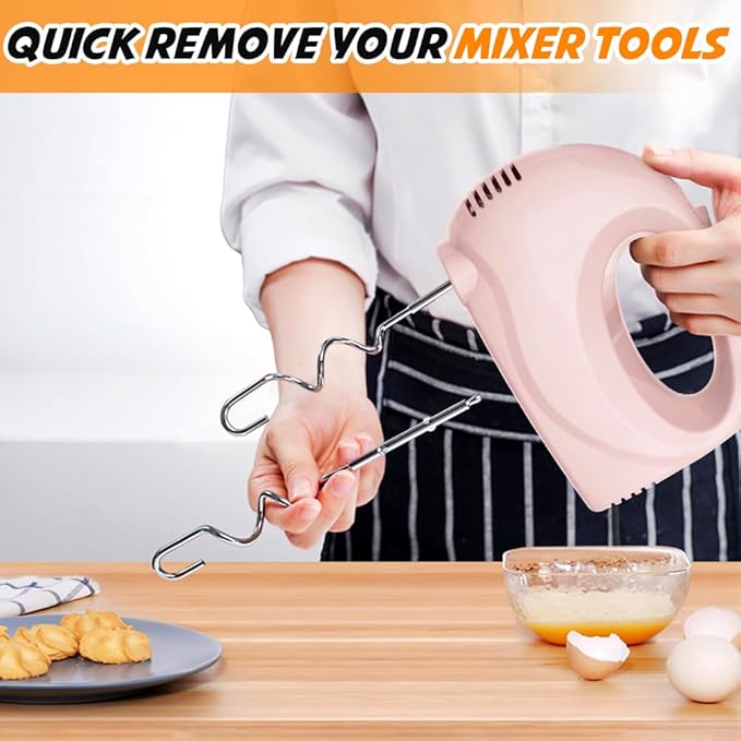 Handmixer Electric Handheld - 7 Speed Portable Kitchen Mixer Electric with 5 Stainless Steel Accessories Whisk, Food Beater for Whipping Mixing Cookies Cakes Eggs, Pink
