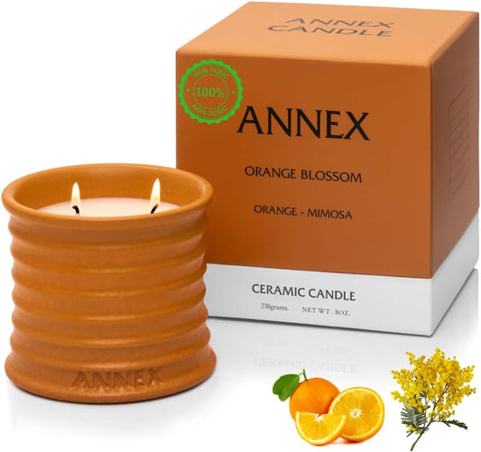 Scented Luxury Candles in Handmade Ceramic Jars, Soy Wax | Orange Blossom – Orange & Mimosa, Large Candle | Non Toxic, 2 Wicks, Reusable Big Orange Jar | Natural Spring Aromatherapy for Women & Men