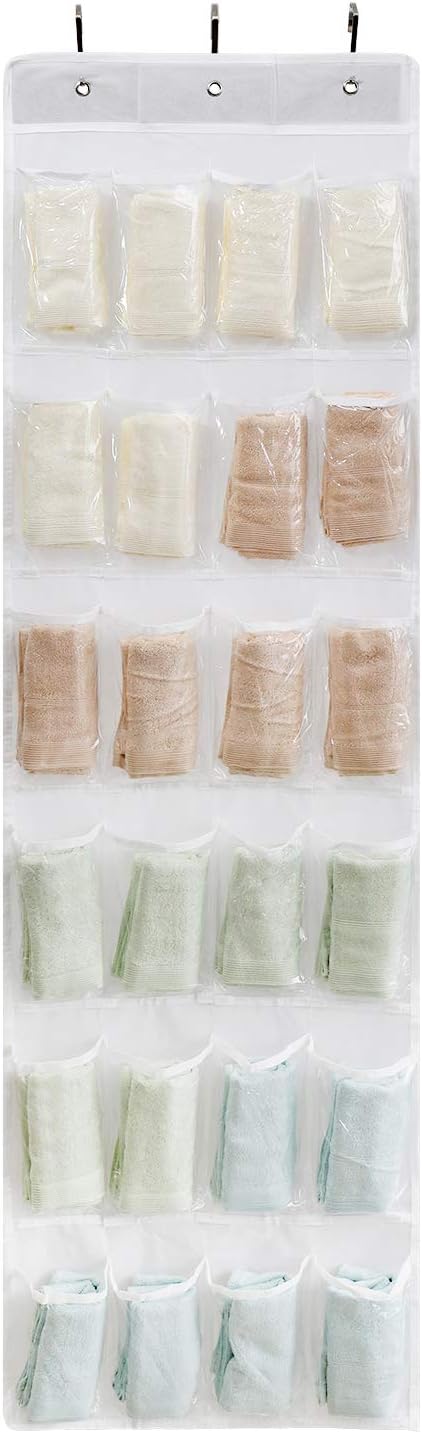 Flexzion Hanging Shoe Organizer, Over The Door Closet Shoes Storage Hanger, Footwear Holder, 24 Clear Plastic Pockets w/ 3 Steel Hooks for Cloth Cleaning Supplies House Stationery Accessories, White