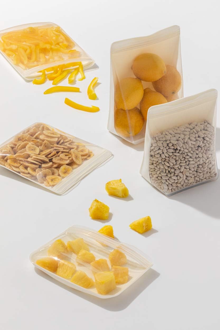 W&P Porter Silicone Reusable Storage Bags, Variety 5 Pack (10oz, 34oz, 46oz, 36oz, 50oz), Cream, Food Storage Container, Microwave and Dishwasher Safe, Easy Cleaning