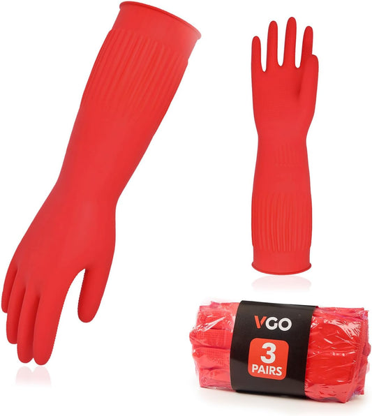 Vgo... 3-Pairs Dishwashing Gloves, Reusable Household Gloves, Long Sleeve, Thick Latex, Cleaning, Washing, Working, Painting, Gardening, Pet Care (Size S, Red, RB2143)