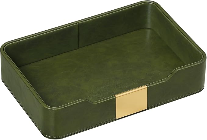 PU Leather Valet Tray with Gold Accent, Decorative Nightstand Organizer Desk Trays Cologne Organizer for Men - Key Bowl Vanity Trinket Tray for Dresser Bedside Entryway Table (Olive Green)