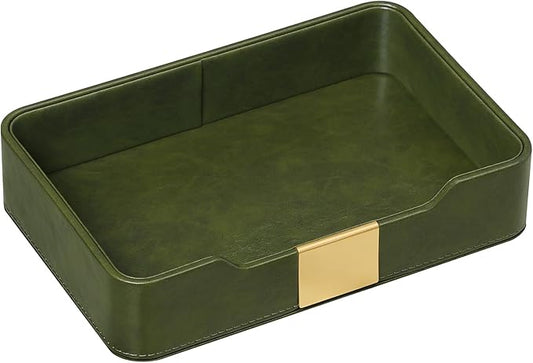 PU Leather Valet Tray with Gold Accent, Decorative Nightstand Organizer Desk Trays Cologne Organizer for Men - Key Bowl Vanity Trinket Tray for Dresser Bedside Entryway Table (Olive Green)
