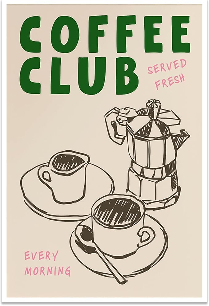 Vintage Coffee Club Wall Art Served Fresh Every Morning Sign Canvas Print Poster Sketch Moka Pot And Cups Minimalist Home Decor Aesthetic Pictures for Kitchen Bar Cafe Dining Room 12x16inch Unframed
