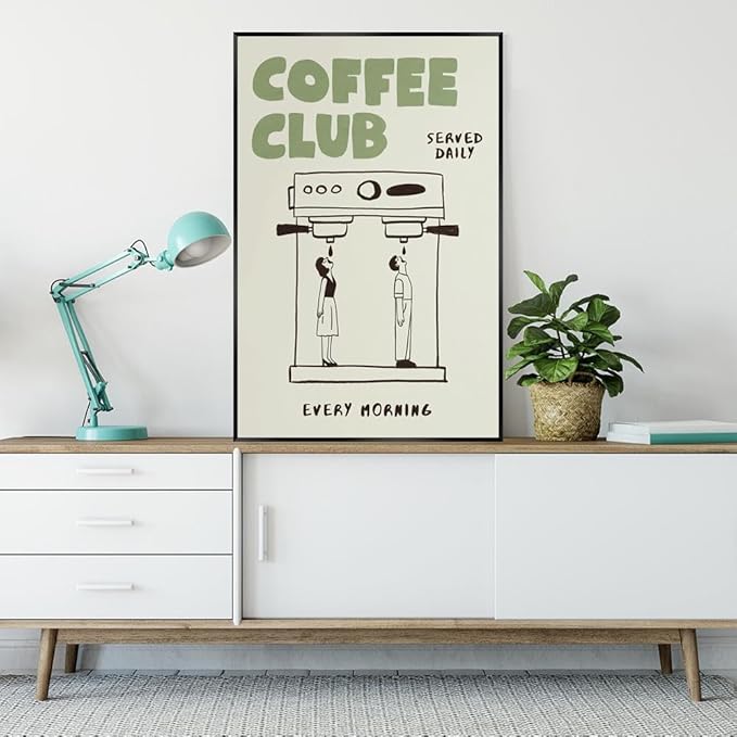 Funny Coffee Club Canvas Print Poster Served Daily Every Morning Sign Wall Art Minimalist Kitchen Whimsical Painting Home Decor Aesthetic Pictures for Cafe Bar 24x36inch Metal Black Frame