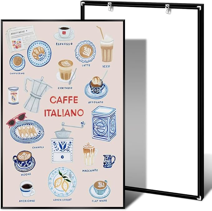 Trendy Espresso Coffee Italiano Wall Art Quirky Food Posters Italian Coffee Chart Canvas Print Painting Minimalism Home Decor Pictures for Kitchen Cafe Station Bar Club 16x24inch Metal Black Frame