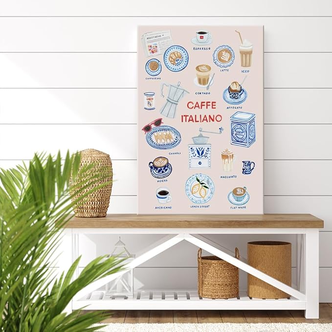 Trendy Espresso Coffee Italiano Wall Art Quirky Food Posters Italian Coffee Chart Canvas Print Painting Minimalism Home Decor Aesthetics Pictures for Kitchen Cafe Station Bar Club 12x16inch Framed
