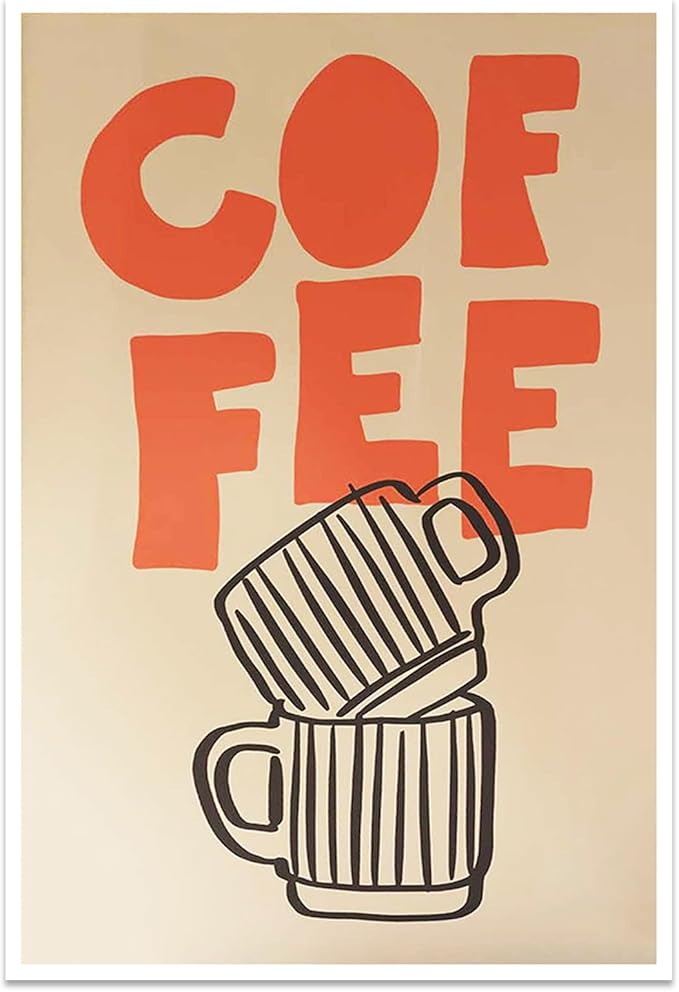 Retro Italian Espresso Coffee Bold Orange Sign Wall Art Stacked Black Stripe Coffee Cups Canvas Print Poster Modern Kitchen Minimalist Line Aesthetic Pictures Boho Decor for Cafe 20x30inch Unframed