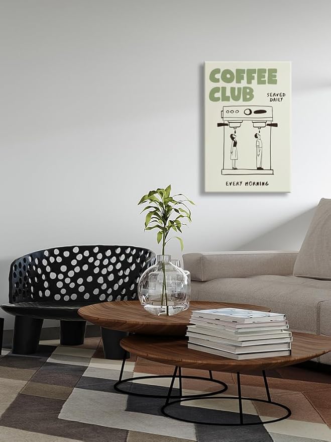 Funny Coffee Club Canvas Print Poster Served Daily Every Morning Sign Wall Art Minimalist Kitchen Whimsical Painting Home Decor Aesthetic Pictures for Living Room Cafe Bar 12x16inch Unframed
