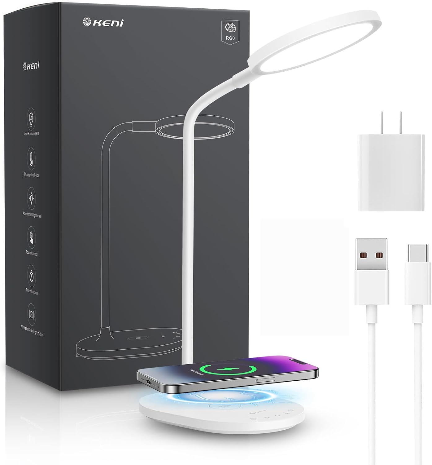 G Keni Ultra Bright Cordless Desk Lamp with Wireless Charger for Home Office Dorm, 4000mAh Dimmable Bedside Reading Desk Lamp with Timer, 3 Color Modes, Eye Care Touch Desk Light for Study Work (X5)