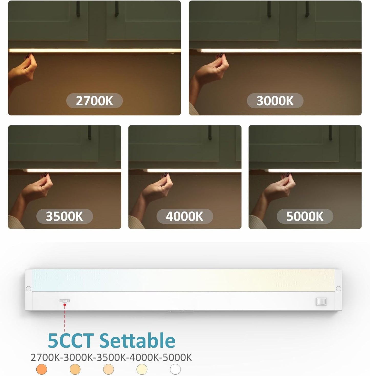 LED Under Cabinet Lighting Hardwired or Plug in, 18 Inch 9W, Dimmable 5 Color 2700K/3000K/3500K/4000K/5000K, Linkable Eyes Care Design Counter Lights for Kitchen, Sink, ETL Listed, White