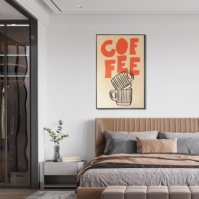 Retro Italian Espresso Coffee Bold Orange Sign Wall Art Stacked Black Stripe Coffee Cups Canvas Print Poster Modern Kitchen Minimalist Line Boho Decor Pictures for Bar Cafe 24x36inch Metal Black Frame