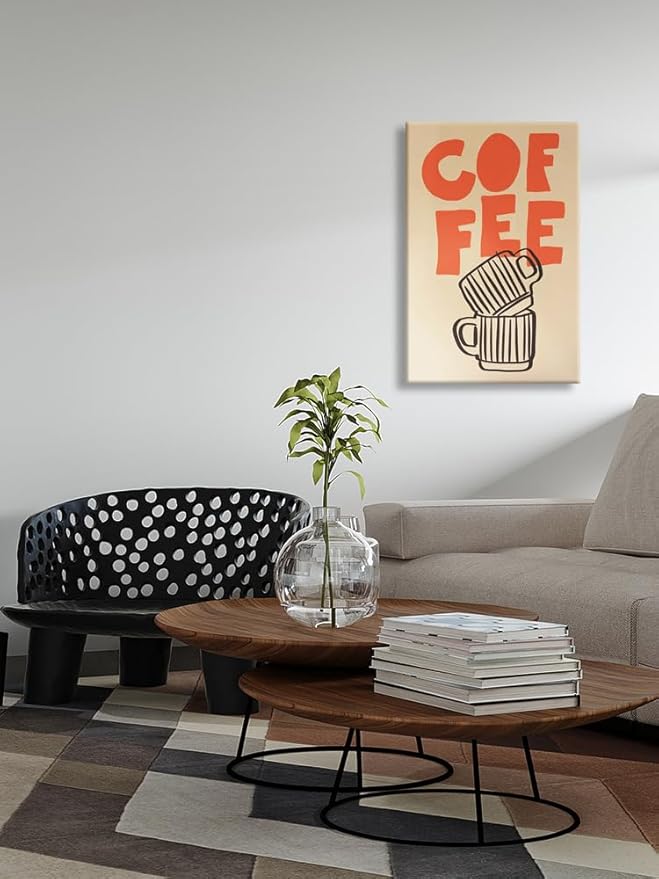 Retro Italian Espresso Coffee Bold Orange Sign Wall Art Stacked Black Stripe Coffee Cups Canvas Print Poster Modern Kitchen Minimalist Line Aesthetic Pictures Boho Decor for Cafe 20x30inch Unframed
