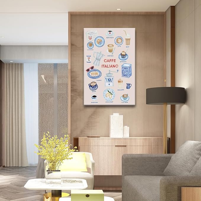 Trendy Espresso Coffee Italiano Wall Art Quirky Food Posters Italian Coffee Chart Canvas Print Painting Minimalism Home Decor Aesthetics Pictures for Kitchen Cafe Station Bar Club 20x30inch Framed