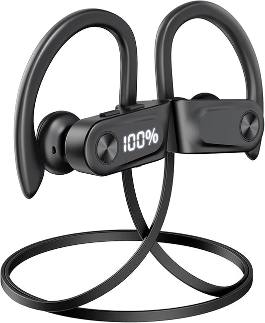 Bluetooth Headphones Wireless Earbuds with Spatial Audio Deep Bass Stereo Sound Isolation Bluetooth 5.4 IPX7 Waterproof Headphones with Digital Display Running Earphones for Sports, Gym, Workout