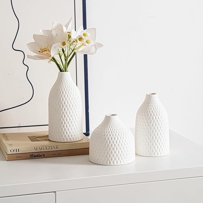 3 Piece Vase Set -White Ceramic Vase for Flowers for Office, Kitchen, Bedroom, Living Room, Bathroom & Shelf Centerpiece Table, Bookshelf - Home Decorative Vase Ideal Gift