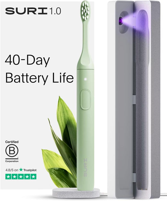 SURI 1.0 Sonic Electric Toothbrush with UV Cleaning Travel Case | 1 Month+ Battery | Designed in California | Electric Toothbrush for Adults | Travel Toothbrushes | Tooth Brush | Green