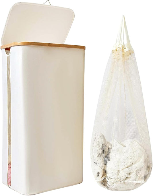 100L Laundry Basket with Lid, Clothes Hampers for Laundry with Bamboo Handles Large Foldable Laundry Hamper with Removable Inner Bag for Laundry Room, Bathroom, Bedroom and Dorm - Beige