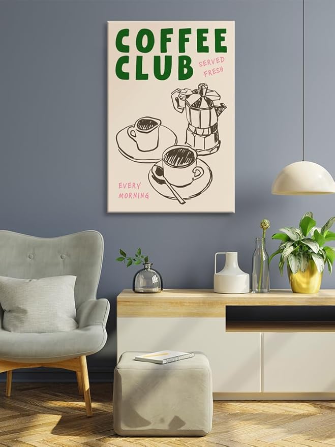 Vintage Coffee Club Wall Art Served Fresh Every Morning Sign Canvas Print Poster Sketch Moka Pot And Cups Minimalist Home Decor Aesthetic Pictures for Kitchen Bar Cafe Dining Room 20x30inch Framed