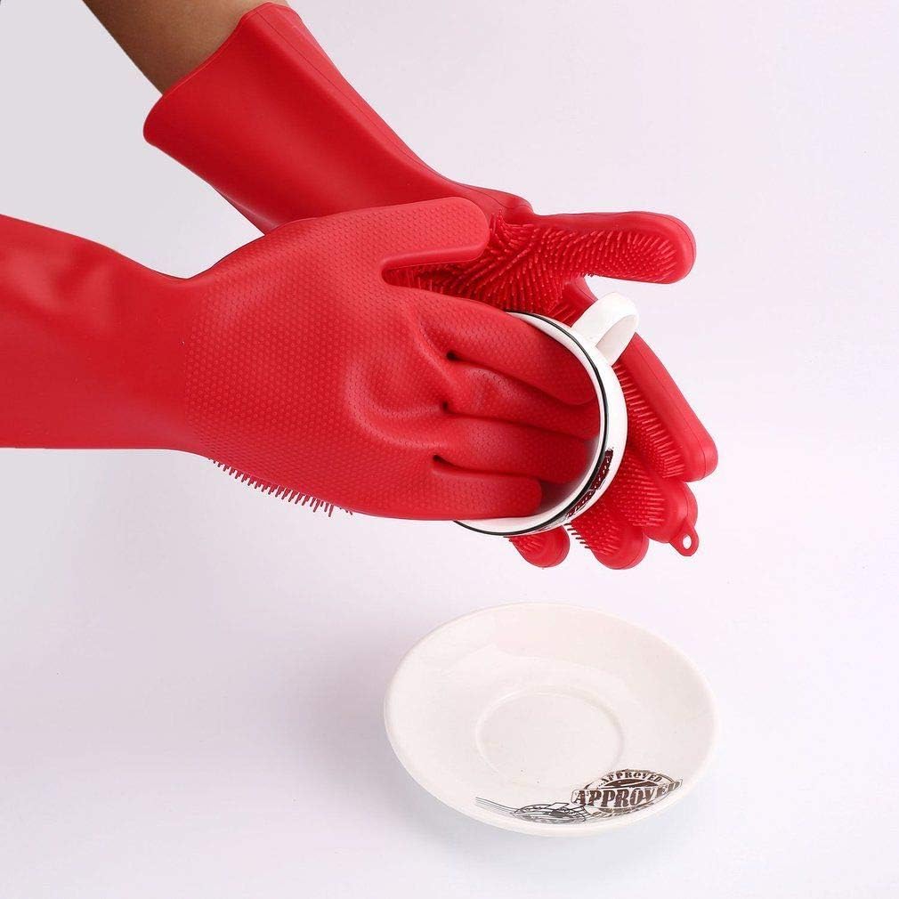 Silicone Dishwashing Gloves, Pet Grooming Rubber Scrubbing for Dishes, Sponge Wash Cleaning with Scrubbers (13.6" L)