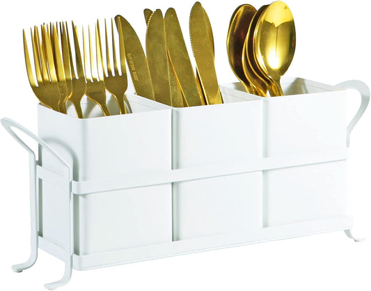 White Metal Utensil Caddy, 3 Compartments, Portable Design, Perfect for Countertop, Outdoor, and Camping