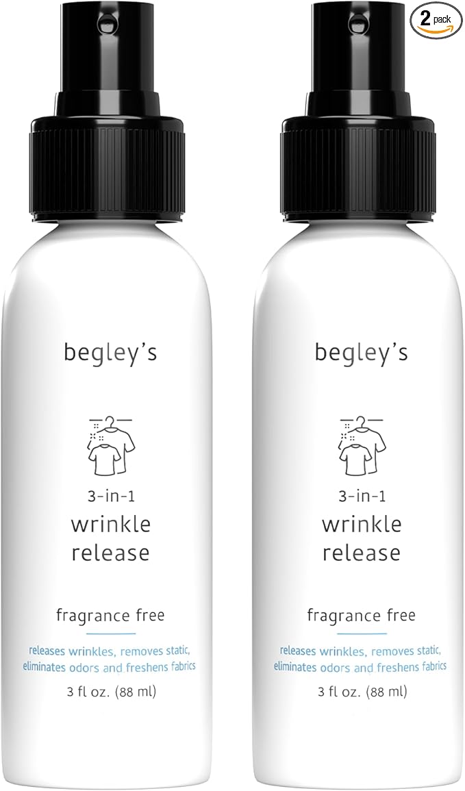 Begley's 3-in-1 Wrinkle Remover, Quick Fix Wrinkle Release, Static Cling Remover, Odor Eliminator and Fabric Refresher Spray - USDA Certified Biobased - Fragrance-Free, 3 oz Travel Size