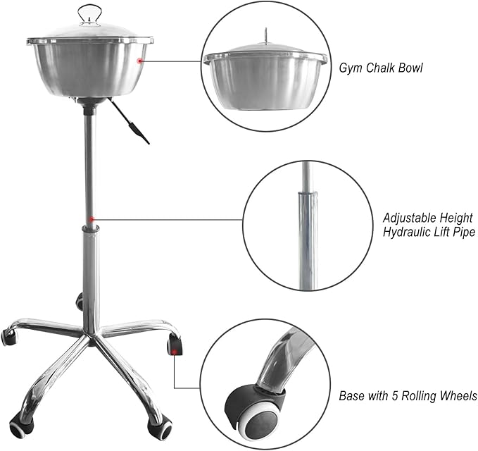 Portable Gym Chalk Stand with Stainless Steel Bowl: Freestanding Gym Chalk Holder Bucket with Heavy Duty Rolling Wheels for Gymnastics Weight Lifting Accessories