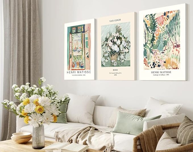 Framed Green Vintage Canvas Wall Art Set of 3 - Van Gogh Abstract Rose Pictures Wall Decor, Mid Century Modern Matisse Artwork Paintings Prints for Living Room Bedroom Bathroom 12x16 inch