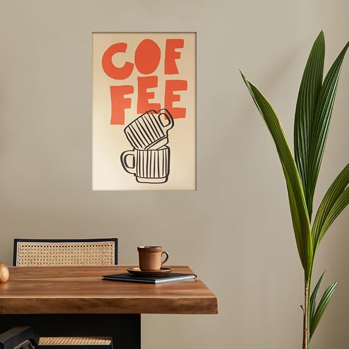 Retro Italian Espresso Coffee Bold Orange Sign Wall Art Stacked Black Stripe Coffee Cups Canvas Print Poster Modern Kitchen Minimalist Line Aesthetic Pictures Boho Decor for Bar Cafe 16x24inch Framed