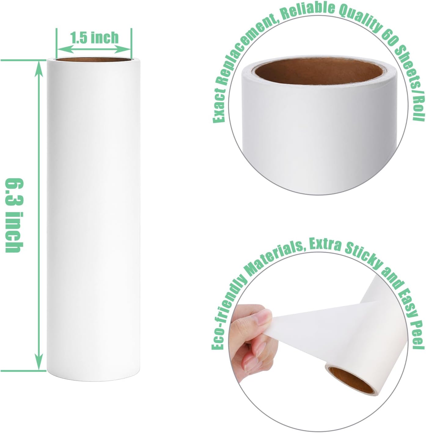 6.3 inch Lint Roller Refills Only, Extra Sticky Lint Remover Refills for Pet Hair Sticky Roller Refill Adhesive Tape Easy Peel 60 Sheets per Roll, Pack of 5, Total 300 Sheets (6.3'' Wide)