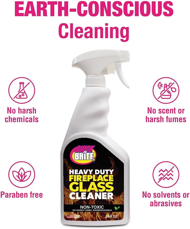 Quick 'n Brite Fireplace Glass Cleaner 24oz, Nonabrasive Cleaning Spray for Oven, Cooktops, Ceramic-Glass, Microwave Glass
