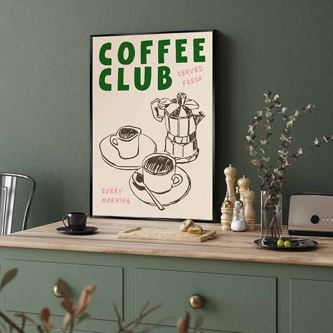 Vintage Coffee Club Wall Art Served Fresh Every Morning Sign Canvas Print Poster Sketch Moka Pot And Cups Minimalist Home Decor Aesthetic Pictures for Kitchen Bar Cafe 20x30inch Metal Black Frame