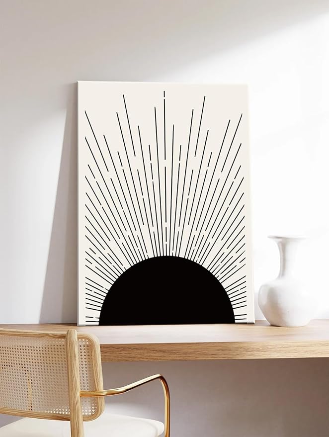 Hwetui Framed Boho Sun Wall Art Set of 2 Black and White Minimalist Sunrise Canvas Prints Abstract Sunshine Painting Geometric Line Pictures Home Decor for Living Room Bedroom Bathroom 12x16in