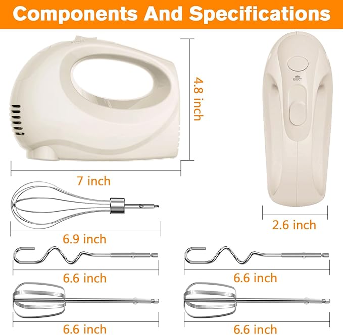 Handmixer Electric Handheld - 7 Speed Portable Kitchen Mixer Electric with 5 Stainless Steel Accessories Whisk, Food Beater for Whipping Mixing Cookies Cakes Eggs, Beige